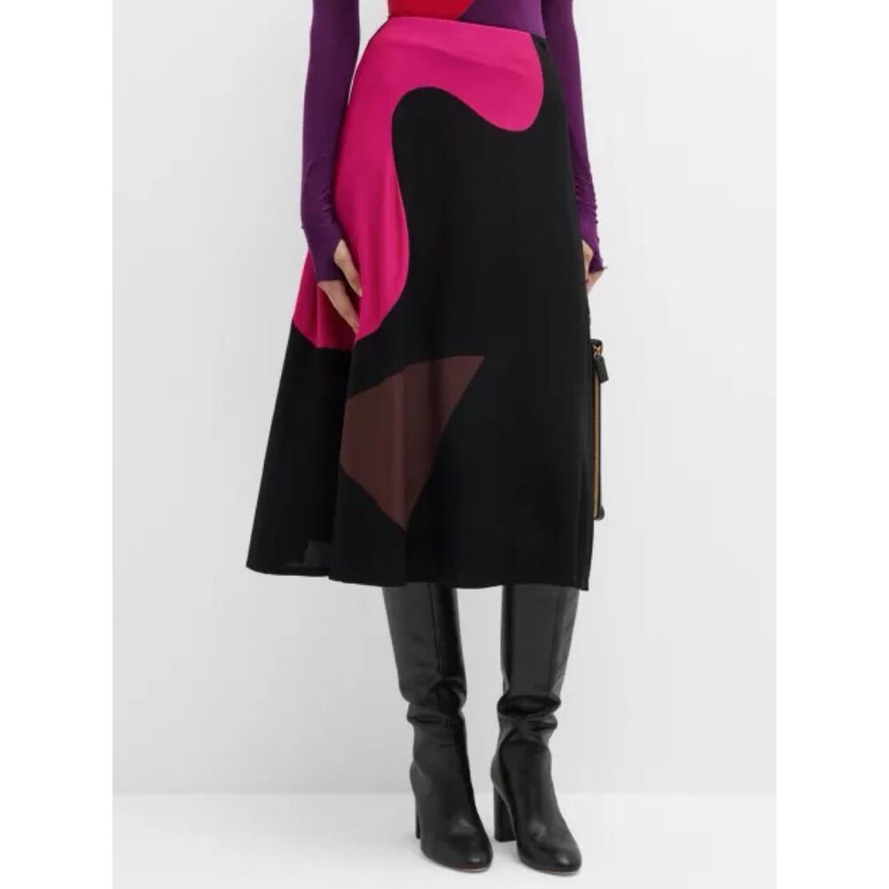 Tory Burch Colorblock Knit Crepe Midi Skirt Black Brown Pink 6 $998
